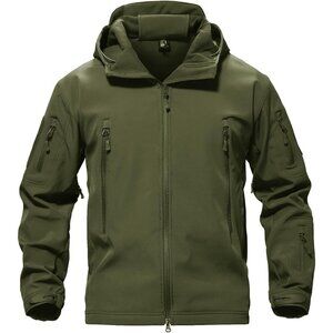 Men's #08-green Tactical Soft Shell Winter Jacket with Fleece Lining & Hood